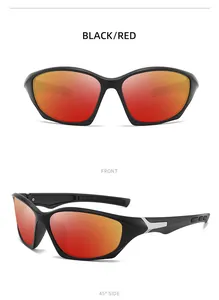 Polarized sports sunglasses in black and red with mirrored lenses, showing front and side views
