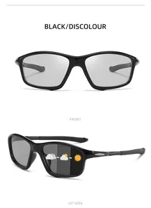 Detailed view of black photochromic sports sunglasses with polarized UV protection lenses.