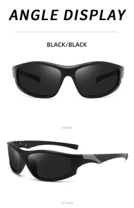 Detail display of black sports sunglasses featuring front and side views with UV protection