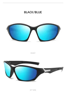 Front and side views of black polarized sports sunglasses with blue mirrored lenses