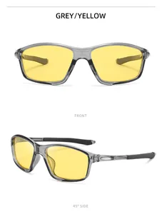 Detailed view of grey frame sports sunglasses with yellow lenses from two different angles.