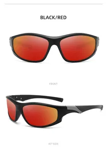 Sports cycling sunglasses with red mirrored lenses and black frame, front and side views.