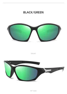 Sports polarized sunglasses with black frames and green mirror lenses, front and side views.