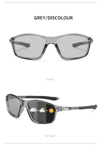 Detail view of grey photochromic sports sunglasses showing front and side angles