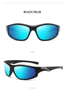 Front and side view of black sports sunglasses with blue mirrored lenses