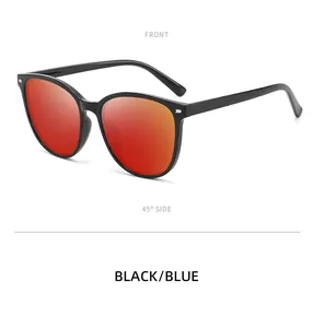 Detailed side view of black frame sports sunglasses with red mirrored lenses