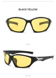 Front and 45-degree side views of black sports cycling sunglasses with yellow lenses
