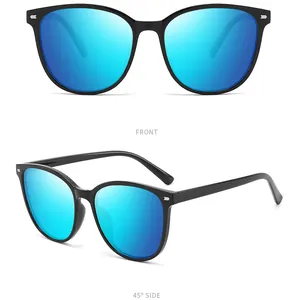 Front and side views of stylish black frame sunglasses with blue mirrored lenses