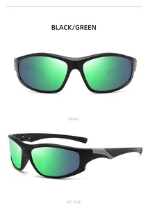 Detailed views of black sports sunglasses with green mirrored lenses for cycling.