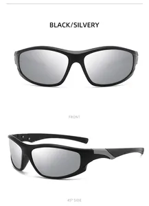 Front and 45-degree side view details of black sports sunglasses with silver mirror lenses