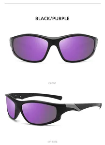 Detail view of sports sunglasses with black frames and purple reflective lenses.