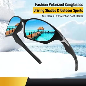 Polarized outdoor sports sunglasses featuring blue mirrored lenses and black frame