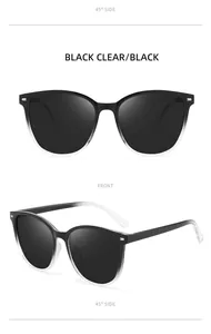 Detailed views of gradient black to clear frame sunglasses with dark polarized lenses