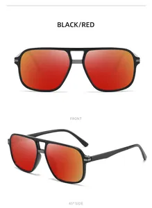 Vues détaillées de lunettes de soleil polarisées rétro avec monture noire et verres rouges