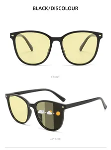 Front and side view of black photochromic polarized sunglasses with yellow lenses