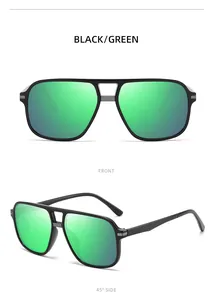 Vues de face et de profil à 45 degrés de lunettes noires avec verres miroirs verts