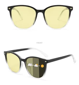 Detail of photochromic polarized sunglasses showing lens transition from yellow to dark.