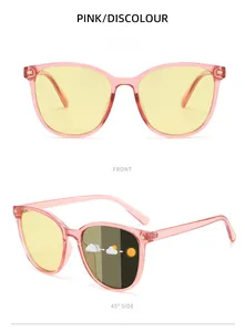 Pink photochromic polarized sunglasses showing front and 45-degree side view details