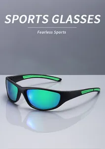 Detail of polarized sports sunglasses with black frame and green accents
