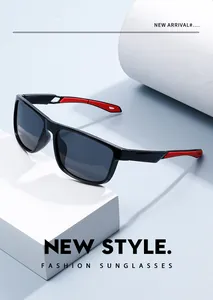Detail view of sporty square frame polarized sunglasses with stylish red accents