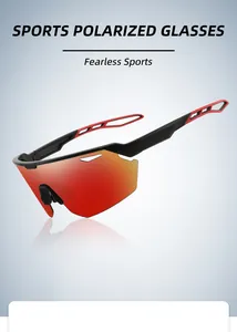Macro detail of polarized sports sunglasses with red tinted lenses and black frame