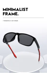 Detailed view of sports polarized sunglasses with black frame and red temple accents