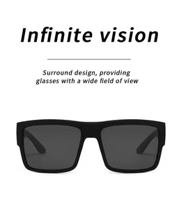 Close-up front view of black square polarized sports sunglasses with English feature text