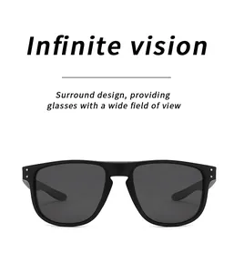 Close-up of black sport sunglasses with rivet detail and wide field of vision