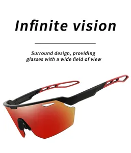 Detailed view of aerodynamic sports cycling sunglasses with red gradient mirrored lens