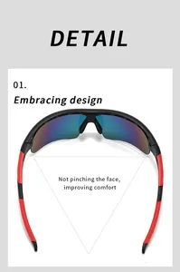 Detail view of red cycling sunglasses showing the flexible embracing design for comfort.