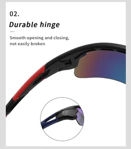 Close-up detail of the durable hinge mechanism on professional UV400 sports cycling sunglasses