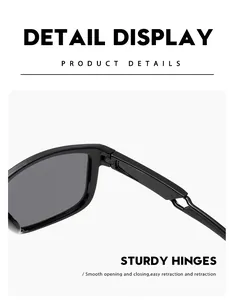 Detailed macro view showing the sturdy hinge design of black polarized sports sunglasses