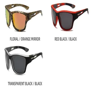 Polarisierte Sportsonnenbrille in den Farben Floral, Rot-Schwarz und Transparent-Schwarz.
