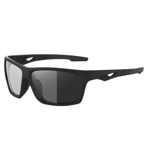 Detailed side view of black polarized sports sunglasses featuring aerodynamic temple cutouts