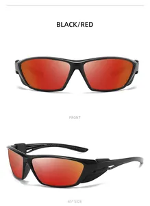 Detail view of black sports sunglasses with red mirrored lenses for cycling and fishing