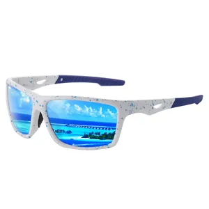 Close-up detail of white speckled sports sunglasses featuring blue mirrored polarized lenses.