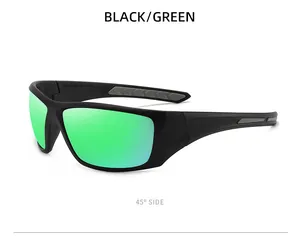 Vue latérale détaillée des lunettes de soleil polarisées noires avec verres miroirs verts.