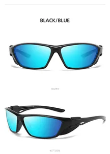 Front and 45-degree side views of black sports sunglasses with blue lenses