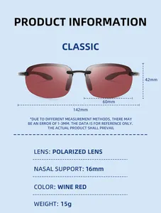 Detail view of wine red polarized fishing sunglasses with technical dimensions and weight