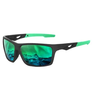 Close-up of polarized sports sunglasses with vibrant green aurora mirror lenses and black frame