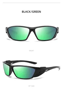 Black frame sports sunglasses with green polarized lenses shown from front and side
