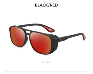 Macro 45-degree side view of stylish polarized sports sunglasses with red mirror lenses