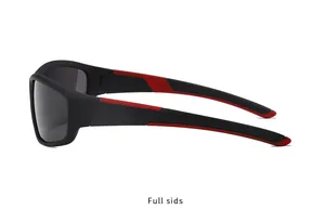 Detail view of sporty men's polarized sunglasses with black and red side temples