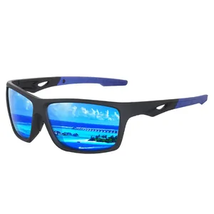 Close-up detail of sports polarized sunglasses with blue mirrored lenses and black frame