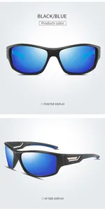 Detailed front and side views of men's black and blue polarized sports sunglasses.