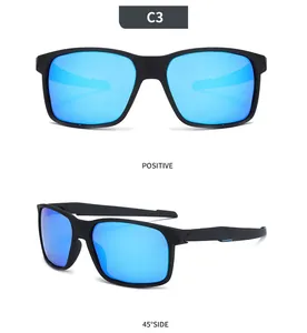 Detail of polarized sports sunglasses with blue lenses and black frame in multiple views.
