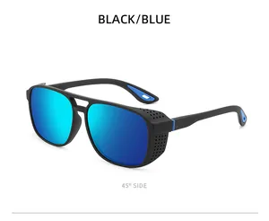 Detailed 45-degree side view of black sports sunglasses with blue mirrored lenses