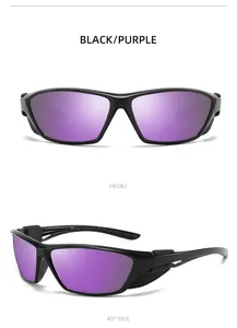 Detailed views of black sports sunglasses featuring purple polarized lenses for cycling