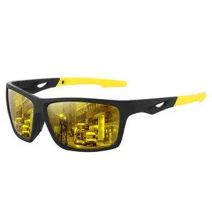 Detail view of sport sunglasses with amber polarized lenses and yellow temples