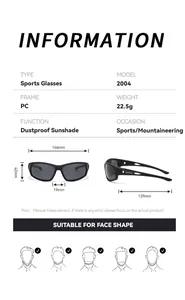Technical specifications and dimensions for polarized sports sunglasses